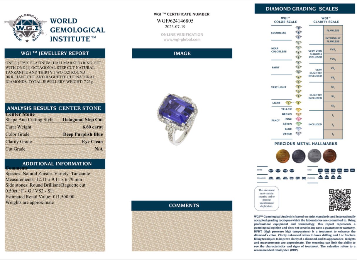 6.6 Carat AAAA Platinum Tanzanite and Diamond Ring - Flamingo Gems