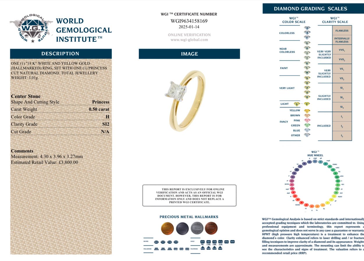 0.50 Princess Cut Natural Diamond Ring - 18k Yellow Gold - WGI Certificate £3,800 - Flamingo Gems