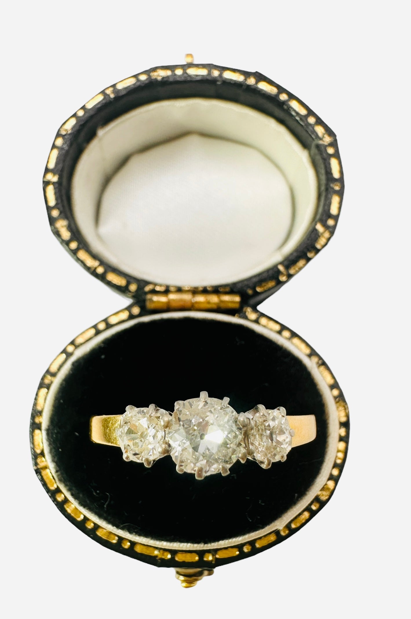 0.85 Old Mine Cut Diamond Trilogy Ring - 18K Yellow Gold - WGI Certificate £4,800 - Flamingo Gems