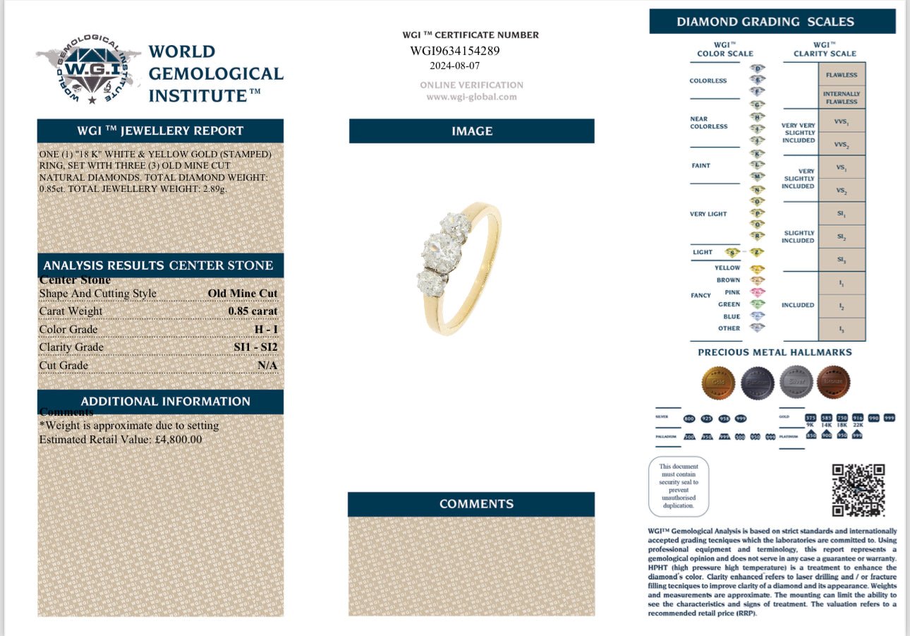 0.85 Old Mine Cut Diamond Trilogy Ring - 18K Yellow Gold - WGI Certificate £4,800 - Flamingo Gems