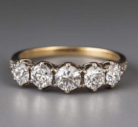 1 Carat Antique Five - Stone Old European Cut Diamond Ring - 18k Yellow Gold and Platinum - Flamingo Gems