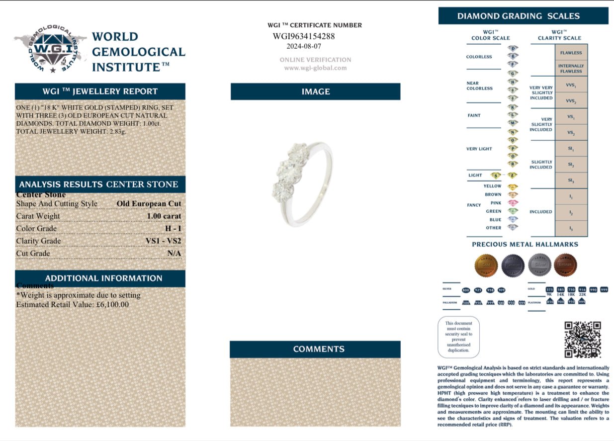 1 Carat Old European Cut Diamond Trilogy Ring in 18K White Gold - WGI Valuation £6,100 - Flamingo Gems