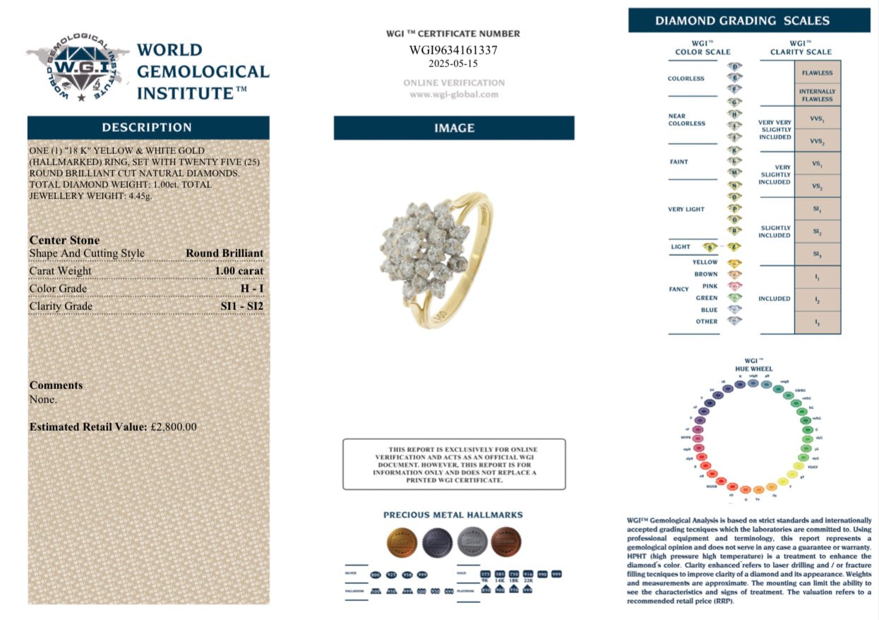 1 Ct Natural Diamond Cluster Ring, 18k Gold - WGI Certificate £2,800 - Flamingo Gems