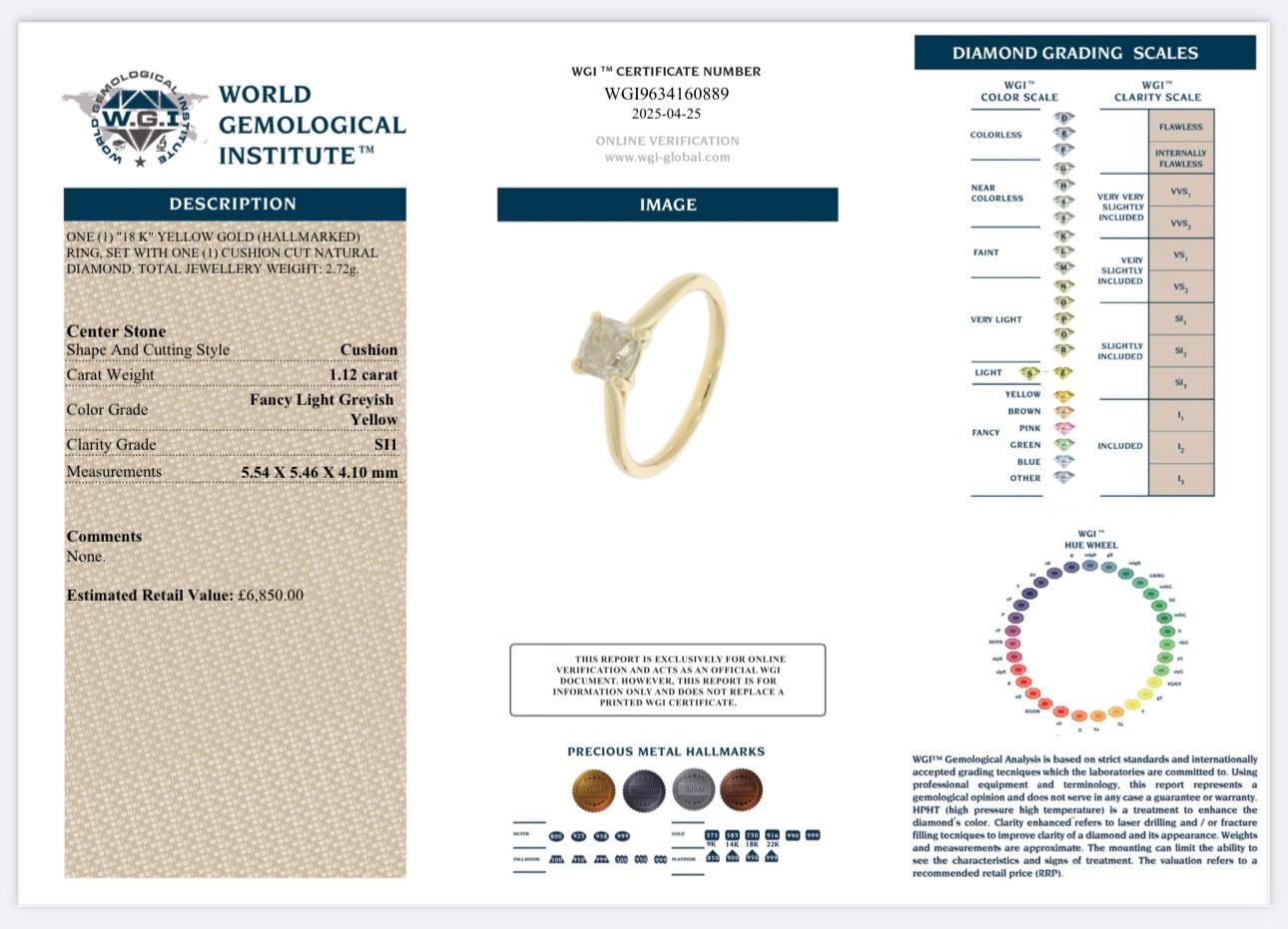 1.12 Carat Cushion Cut Natural Diamond Ring - 18K Yellow Gold - WGI Certificate £6,850 - Flamingo Gems