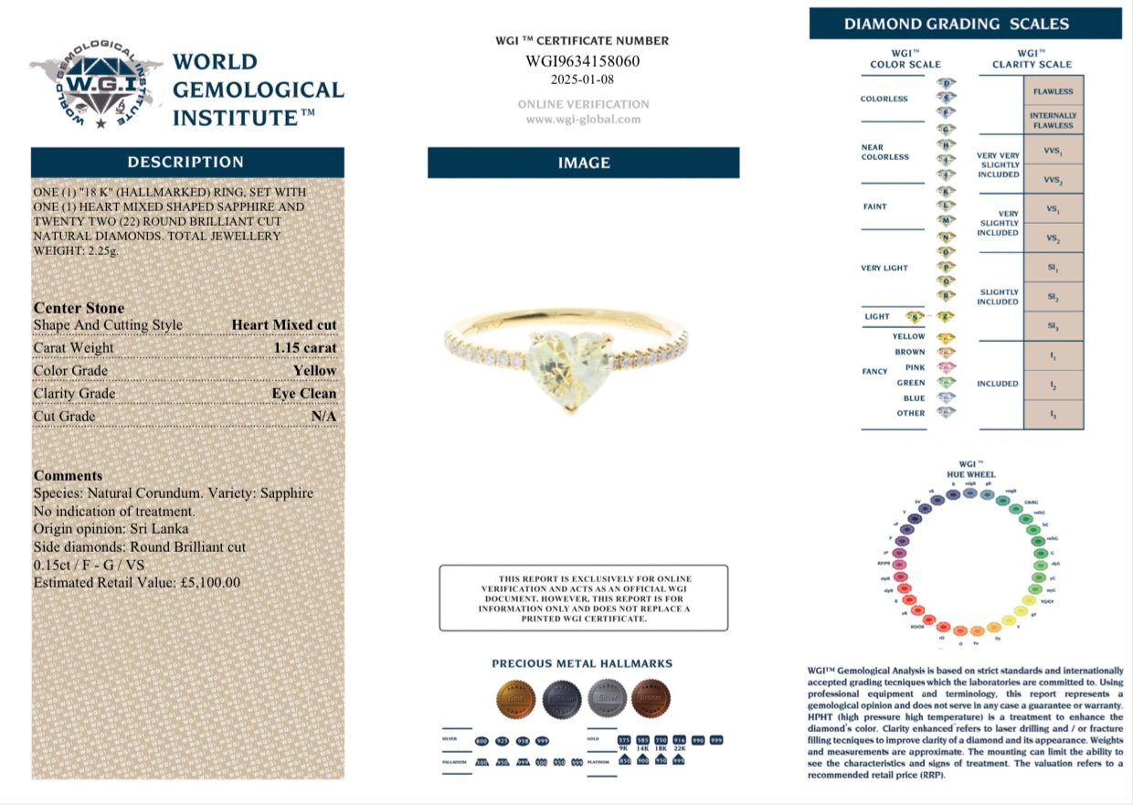 1.15 Carat Untreated Ceylon Sapphire and 0.15 Carat Diamond Ring - 18K Yellow Gold - WGI Certificate £5,100 - Flamingo Gems