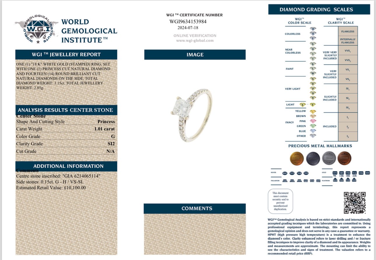 1.17 Carat Princess Cut Diamond 18 Carat White Gold Engagement Ring - WGI Certificate £10,100.00 - Flamingo Gems