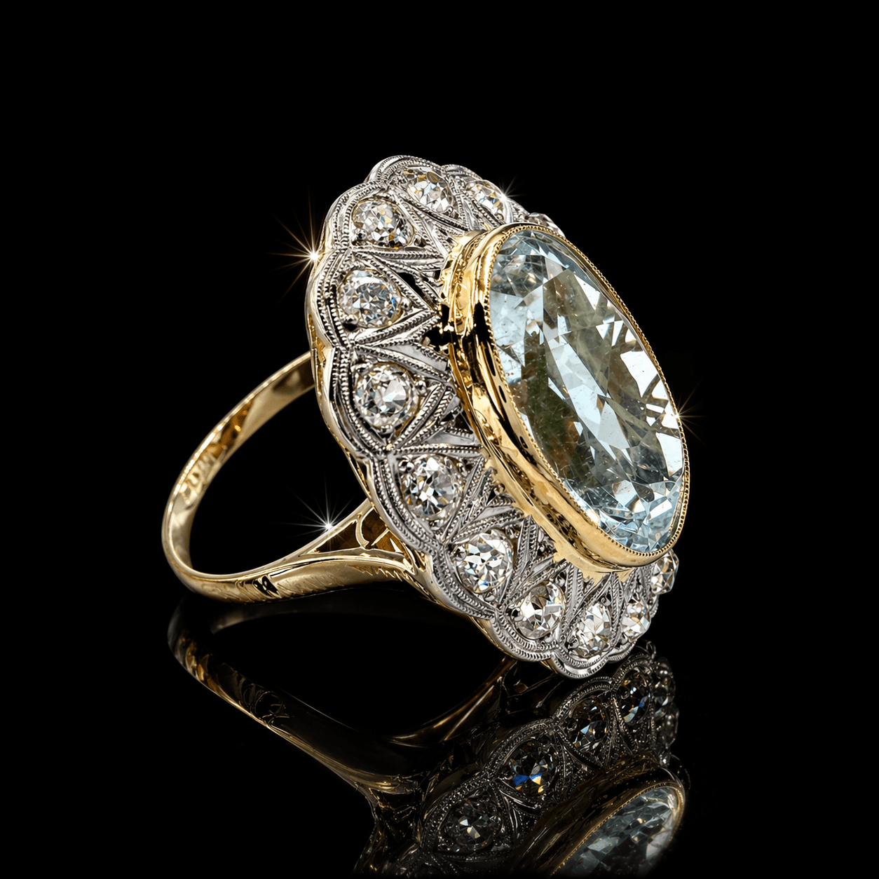 12.00CT NATURAL AQUAMARINE & 1.60 CT OLD CUT DIAMOND COCKTAIL RING – 18k Gold and Platinum - RRP £12,500 - Flamingo Gems