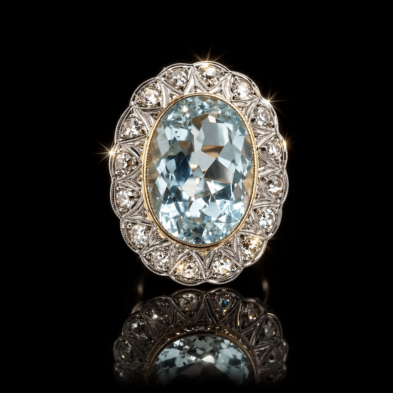 12.00CT NATURAL AQUAMARINE & 1.60 CT OLD CUT DIAMOND COCKTAIL RING – 18k Gold and Platinum - RRP £12,500 - Flamingo Gems
