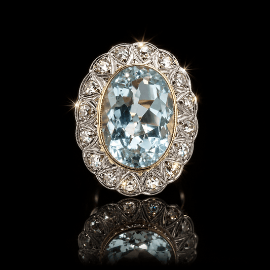 12.00CT NATURAL AQUAMARINE & 1.60 CT OLD CUT DIAMOND COCKTAIL RING – 18k Gold and Platinum - RRP £12,500 - Flamingo Gems