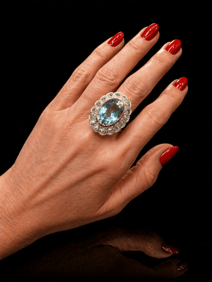 12.00CT NATURAL AQUAMARINE & 1.60 CT OLD CUT DIAMOND COCKTAIL RING – 18k Gold and Platinum - RRP £12,500 - Flamingo Gems