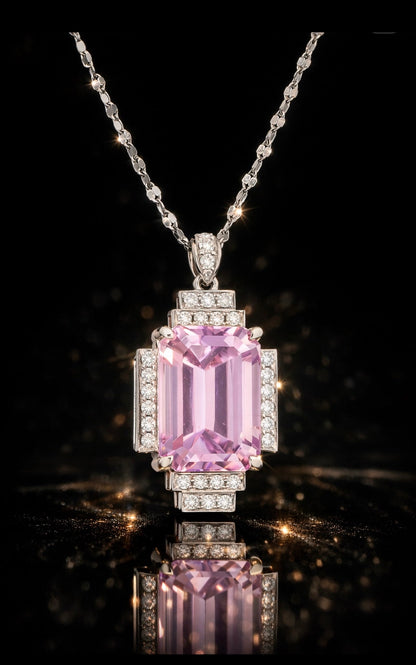 12.78ct Natural Kunzite & Diamond Art Deco Pendant - Platinum RRP £8,100 - Flamingo Gems