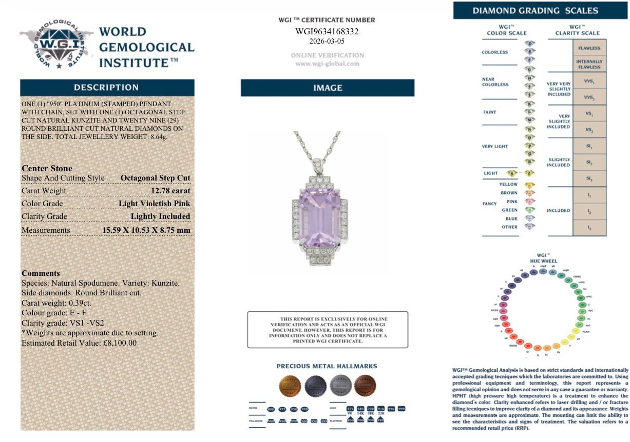 12.78ct Natural Kunzite & Diamond Art Deco Pendant - Platinum RRP £8,100 - Flamingo Gems
