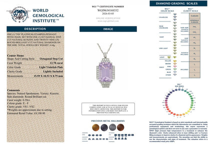 12.78ct Natural Kunzite & Diamond Art Deco Pendant - Platinum RRP £8,100 - Flamingo Gems