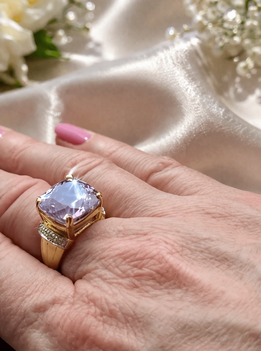 13 Ct Kunzite and Diamond Ring - 18Ct White and Yellow Gold - RRP £7,200 - Flamingo Gems