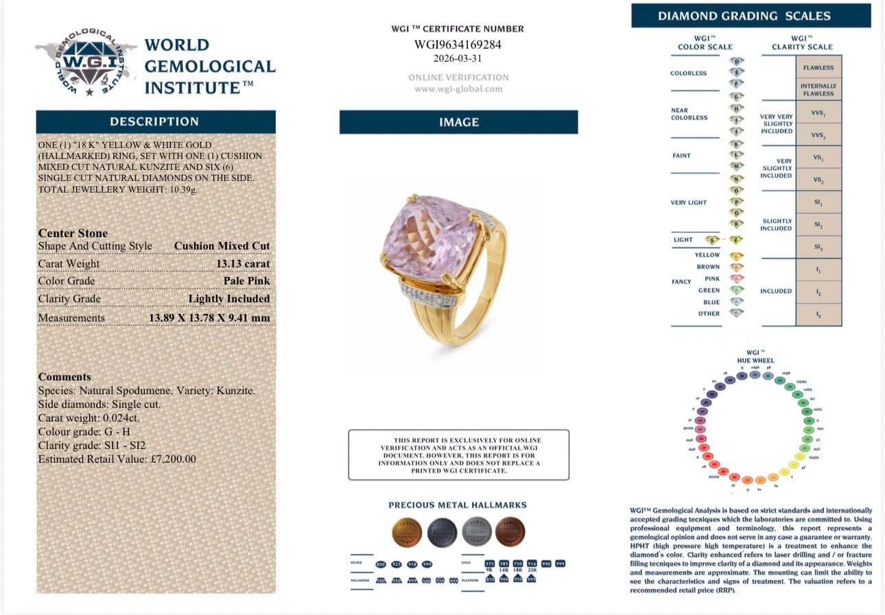 13 Ct Kunzite and Diamond Ring - 18Ct White and Yellow Gold - RRP £7,200 - Flamingo Gems