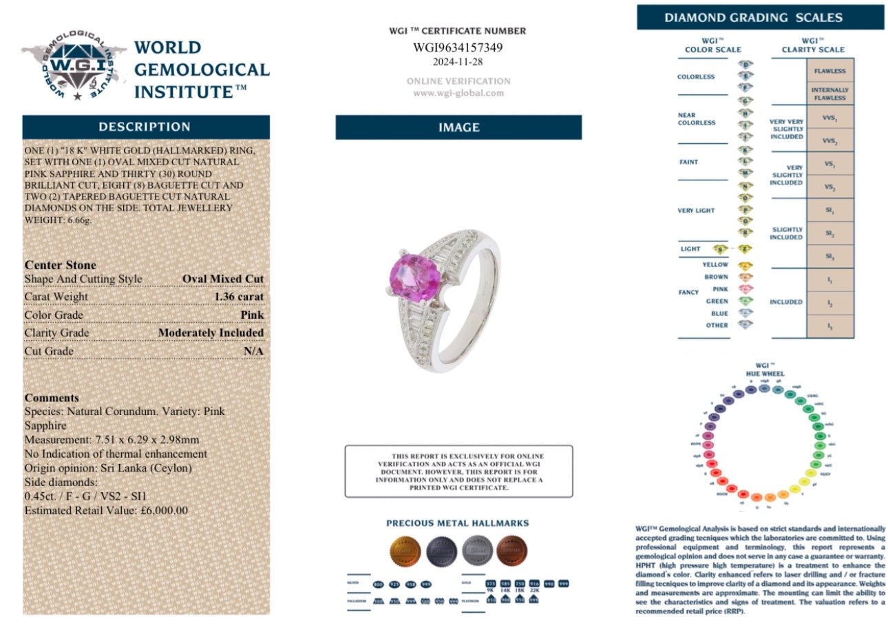1.36 Ct Untreated Ceylon Sapphire and 0.45 Ct Diamond Ring - 18k White Gold - WGI Certificate £6k - Flamingo Gems
