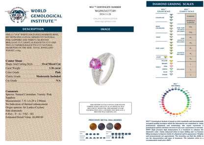 1.36 Ct Untreated Ceylon Sapphire and 0.45 Ct Diamond Ring - 18k White Gold - WGI Certificate £6k - Flamingo Gems