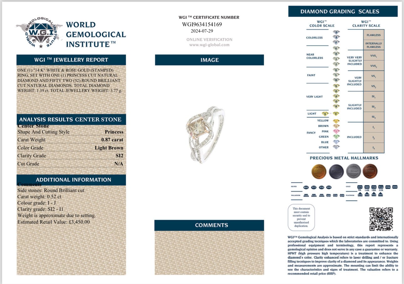 1.39 Carat Champagne and Colourless Diamond Ring, 14 Carat White and Rose Gold - WGI Valuation £3450 - Flamingo Gems