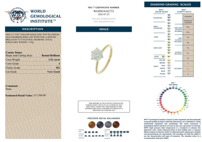 1.51 Carat Natural Diamond Ring, 18K Yellow Gold and Platinum - WGI Certificate £17,500 - Flamingo Gems
