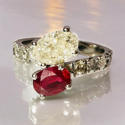 1.51 Carat Natural Diamond Ring and 0.95 Burmese Ruby Ring - Platinum - WGI Certificate £11,000 - Flamingo Gems