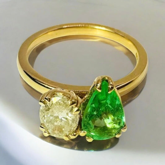 1.79 Ct Natural Diamond and Colombian Emerald Moi Et Toi Ring, Platinum - WGI Certificate £9,200 - Flamingo Gems