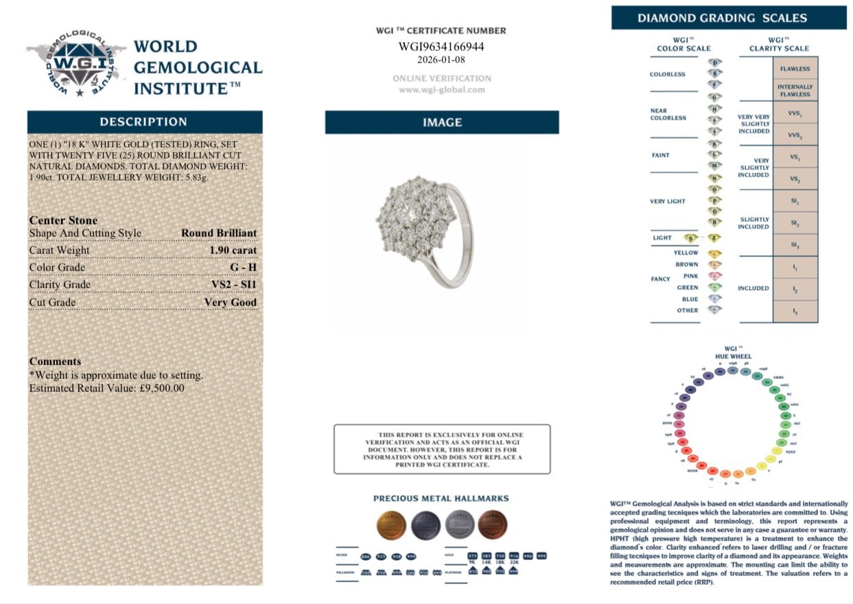 💎✨ 18CT WHITE GOLD DIAMOND CLUSTER RING - ✨ WGI CERTIFIED • 1.90CT NATURAL DIAMONDS • RRP £9,500 - Flamingo Gems