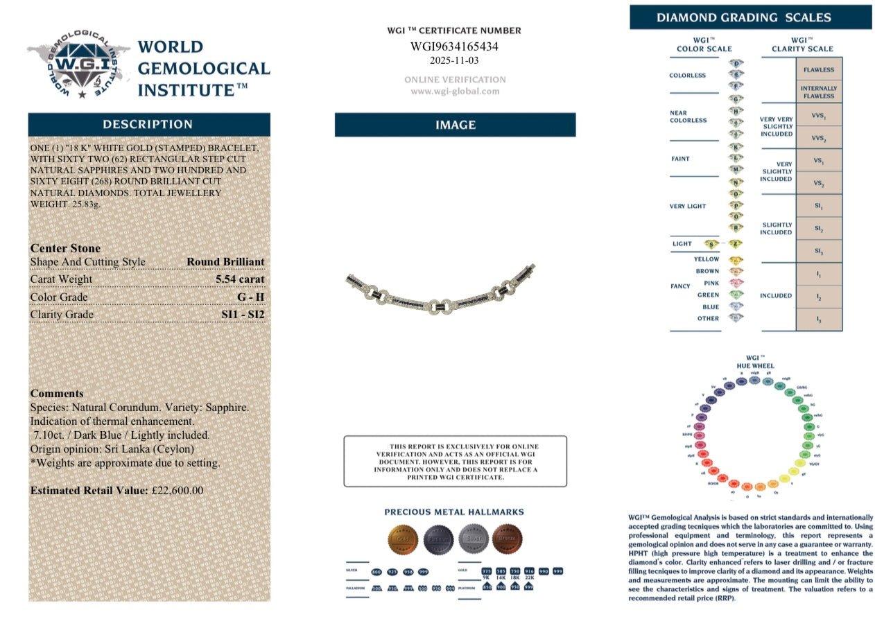 18k White Gold, Natural Diamond and Ceylon Sapphire Bracelet - WGI Valuation £25,000 - Flamingo Gems