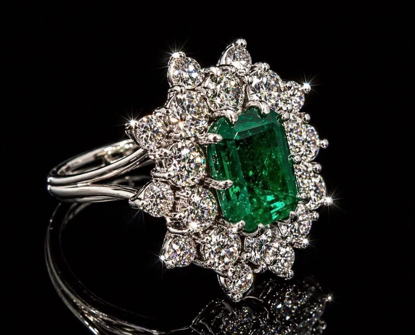 2.00ct Zambian Emerald and 2.30 Ct Natural Diamond Ring – 18k White Gold - RRP £9,000 - Flamingo Gems