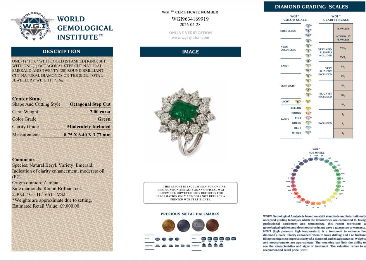 2.00ct Zambian Emerald and 2.30 Ct Natural Diamond Ring – 18k White Gold - RRP £9,000 - Flamingo Gems
