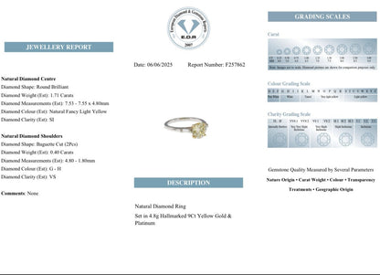 2.11 Ct Natural Diamond Light Yellow and Colourless Diamond Ring - WGI and EDR Certified. Platinum Shank and 9k Yellow Gold Shank - RRP £15,000 - Flamingo Gems