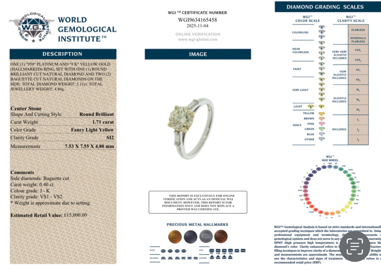 2.11 Ct Natural Diamond Light Yellow and Colourless Diamond Ring - WGI and EDR Certified. Platinum Shank and 9k Yellow Gold Shank - RRP £15,000 - Flamingo Gems