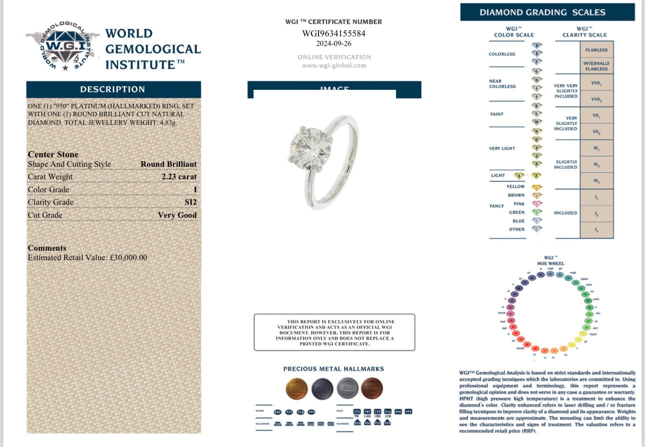 2.23 Carat Natural Diamond Solitaire, Platinum Mount - WGI Certificate £30,000 - Flamingo Gems