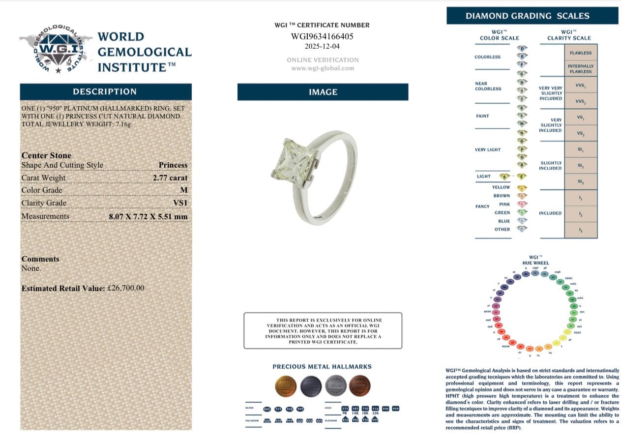 2.77 Ct Princess Cut Natural Diamond Ring - VS1 Clarity - Platinum - WGI Valuation £26,700 - Flamingo Gems