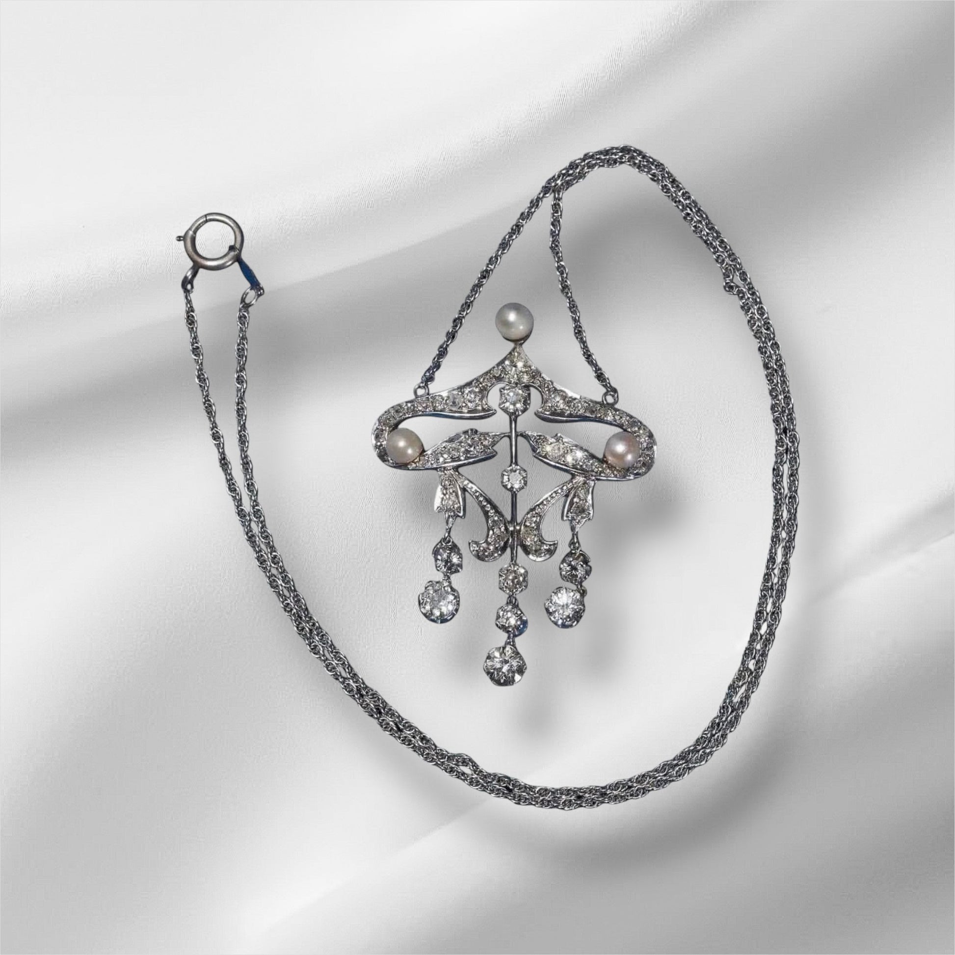 2.90 Ct Diamond Belle Epoque and Pearl Necklace - WGI Certificate £9,900 - Flamingo Gems