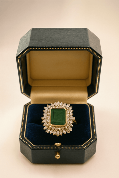 3.00ct Natural Emerald & 2.65 Ct Diamond Cluster Ring in 18K Gold 🌿 - Flamingo Gems