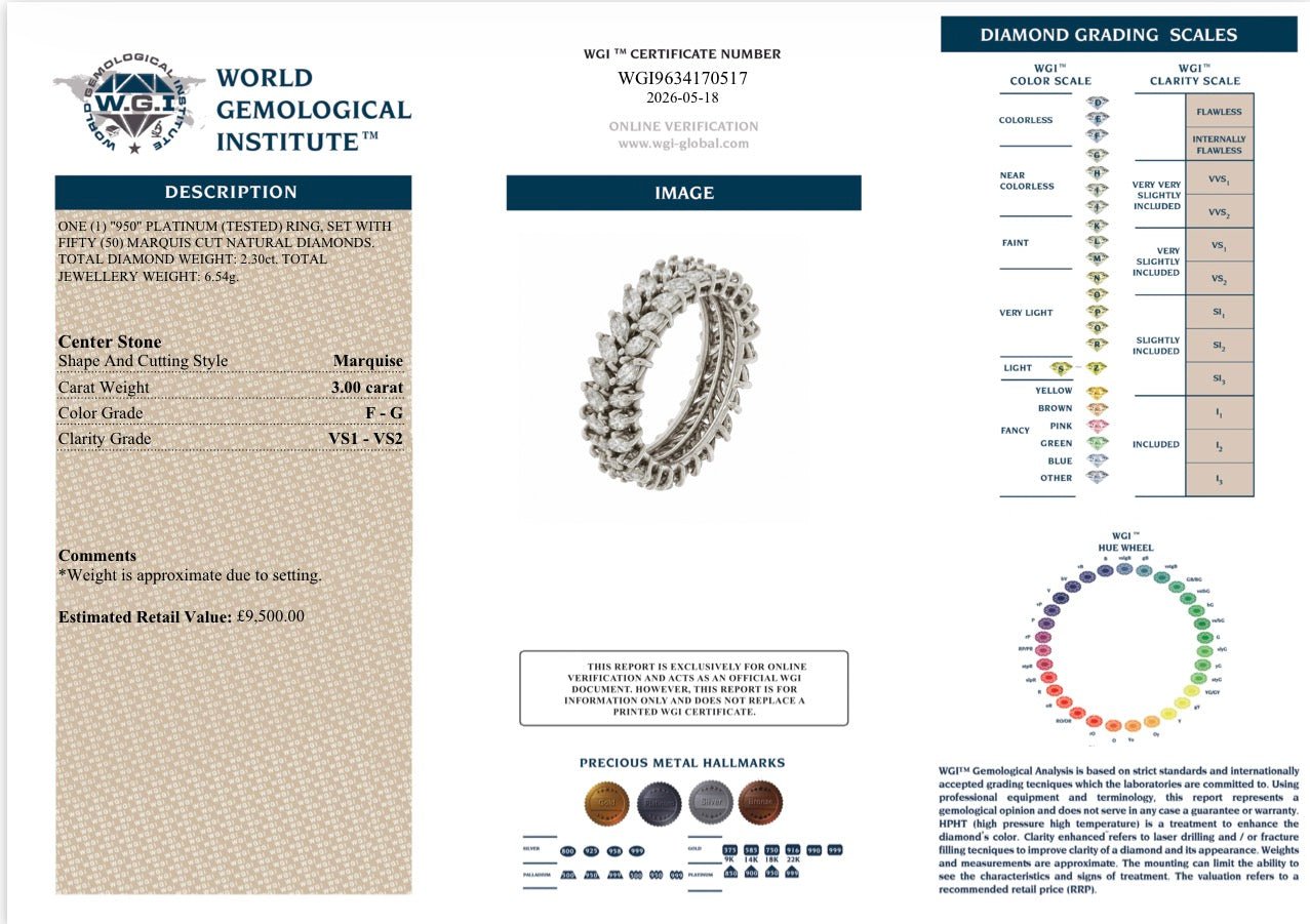 3Ct Natural Marquis Diamond Band, Platinum - RRP £9,500 - Flamingo Gems