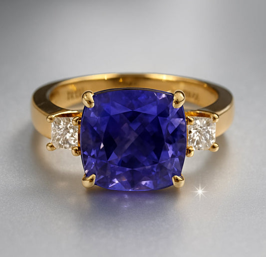 4.13ct Tanzanite and Diamond 18k Yellow Gold Ring 💜 WGI Certificate £8,600 - Flamingo Gems
