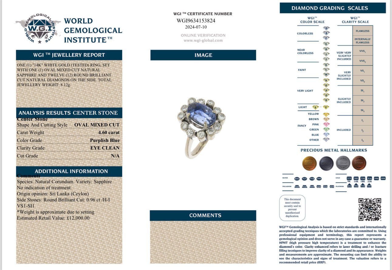 4.60 Ct Natural Unheated/Untreated Ceylon Blue Sapphire/0.96 Ct Diamonds Antique Art Deco Ring - WGI Certificate £12,000 - Flamingo Gems
