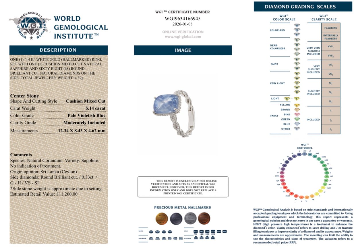 💙 5.14ct Unheated Ceylon Sapphire & Diamond Ring – 14ct White Gold – WGI RRP £11,200 💙 - Flamingo Gems