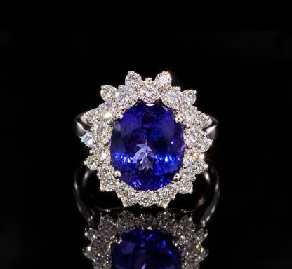 5.15 Ct Tanzanite, 1.8 Ct Natural Diamond Ring - 18K Gold - RRP £16,00 - Flamingo Gems