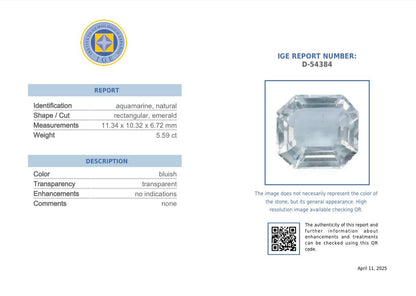 5.59 Carat Natural Aquamarine - IGE Certified - Flamingo Gems