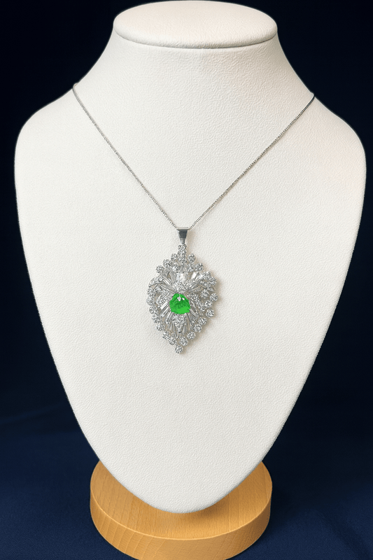 6 Ct Natural Diamond, 1.20 Ct Natural Emerald, 18k White Gold Pendant with Chain - WGI Certificate £24,600 - Flamingo Gems