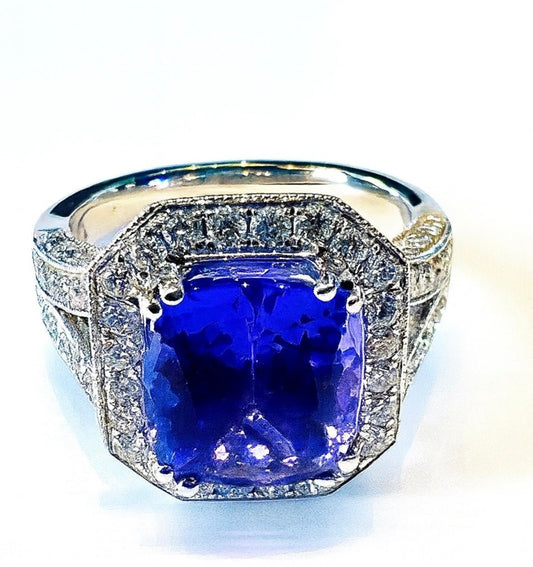 6.38 Ct Tanzanite & Natural Diamond 0.63 Carat Ring – 18k White Gold - WGI Certificate £13,500 - Flamingo Gems