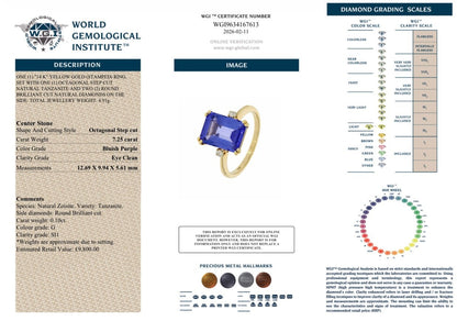 7.25 Ct Natural Tanzanite and 0.10 Ct Diamond Ring - 14Ct Yellow Gold - RRP £9,800 - Flamingo Gems