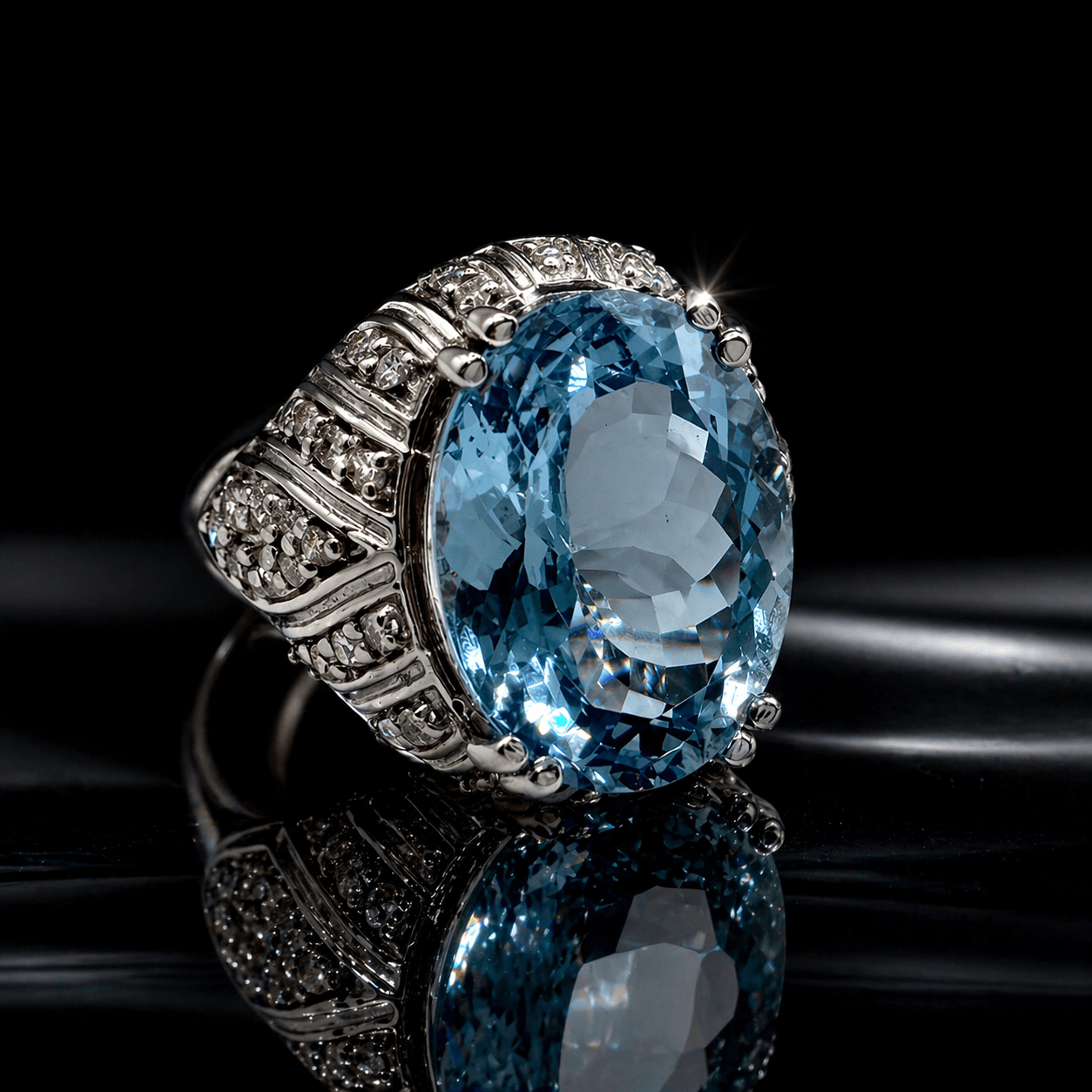 7.50Ct Natural Aquamarine & 0.30 Ct Diamond Statement Ring - 18K White Gold - RRP £10,500 - Flamingo Gems