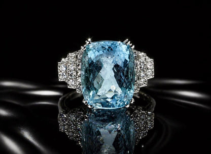 8 Ct Natural Aquamarine and 0.30 Ct Diamond Ring - 14k White Gold - Flamingo Gems