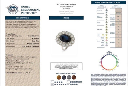 8.75 Ct Natural Sapphire, 2.10 Ct Natural Diamond Ring - Platinum - RRP £12,000 - Flamingo Gems