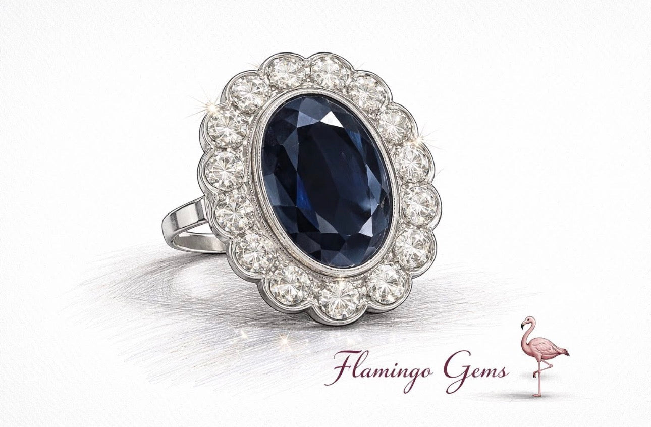 8.75 Ct Natural Sapphire, 2.10 Ct Natural Diamond Ring - £18k Gold - RRP £12,000 - Flamingo Gems