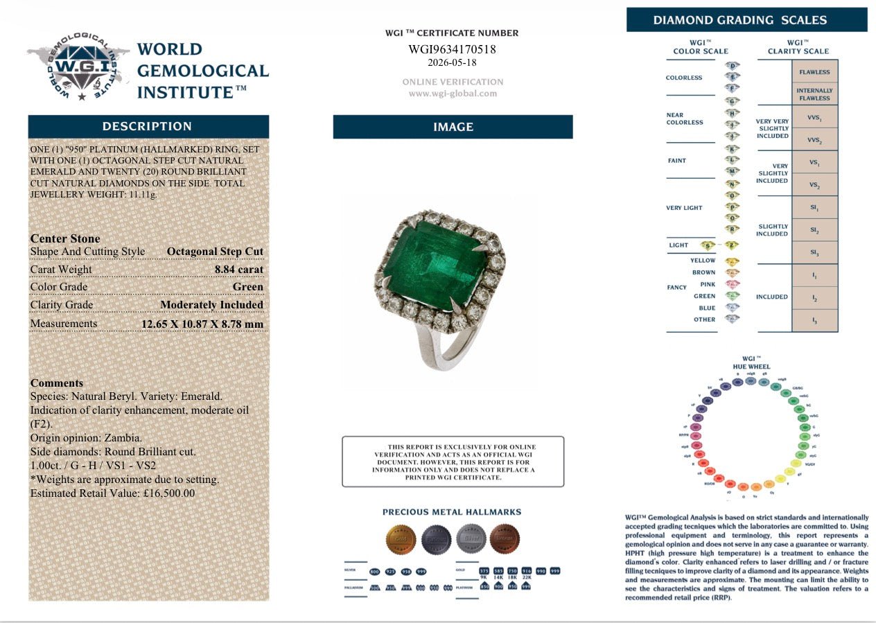 💚 8.84CT NATURAL ZAMBIAN EMERALD & 1 CT NATURAL DIAMOND PLATINUM RING 💚 RRP £16,500 - Flamingo Gems