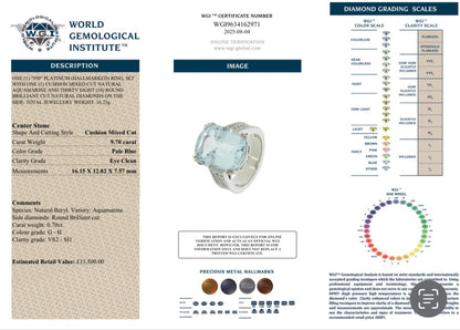9.70 Ct Aquamarine and 0.70 Ct Natural Diamond Cocktail Ring, Platinum - WGI Certificate £13,500 - Flamingo Gems